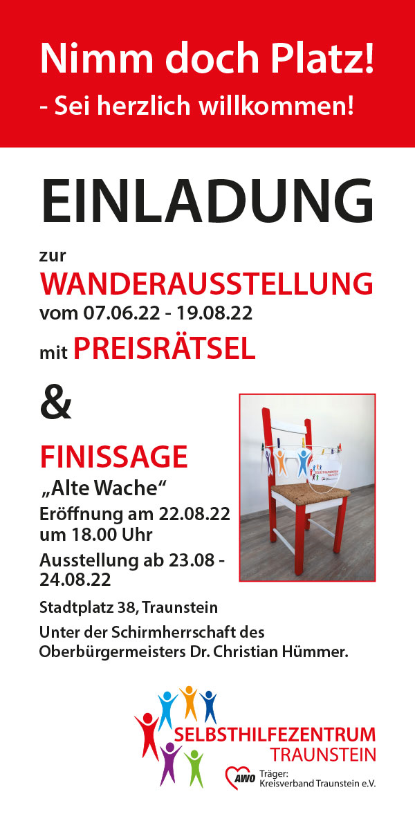 Flyer - Stuhlprojekt - Nimm doch Platz! - Einladung zur Wanderausstellung mit Preisrätsel und Finissage.